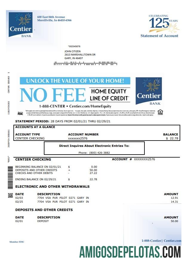 Exemplo de PDF do Word do banco Indiana Center dos EUA